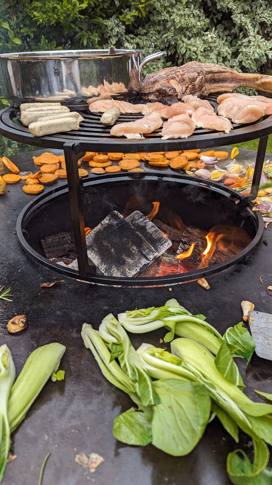 Ein Feuerschalengrill mit frischem Gemüse & Fleisch