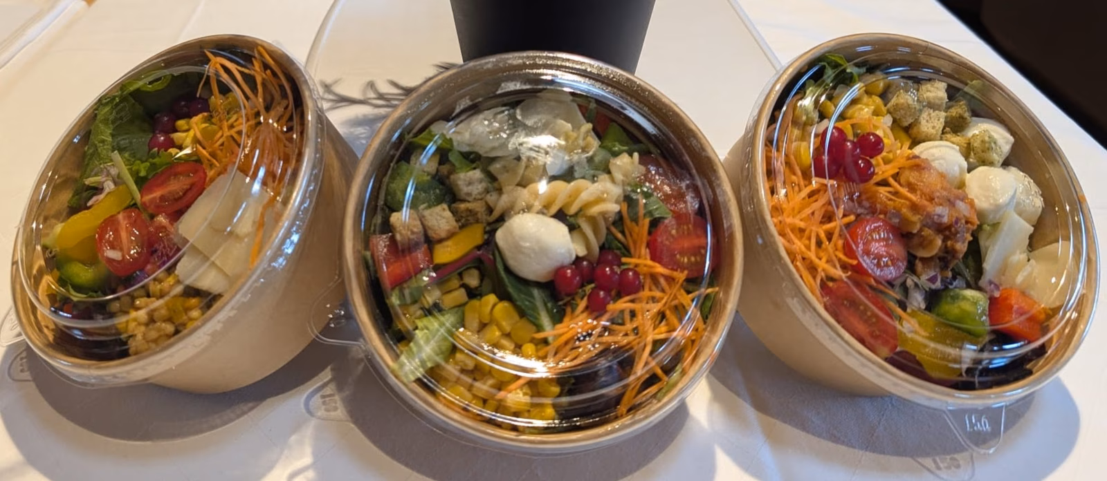 Bunte Salatbowls mit frischen Zutaten und Dressing