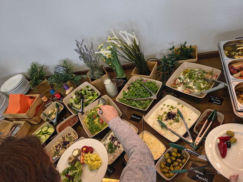 Buffet aus oben fotografierten Salaten, Oliven, Gemüse und Dips auf Schalen und Tellern