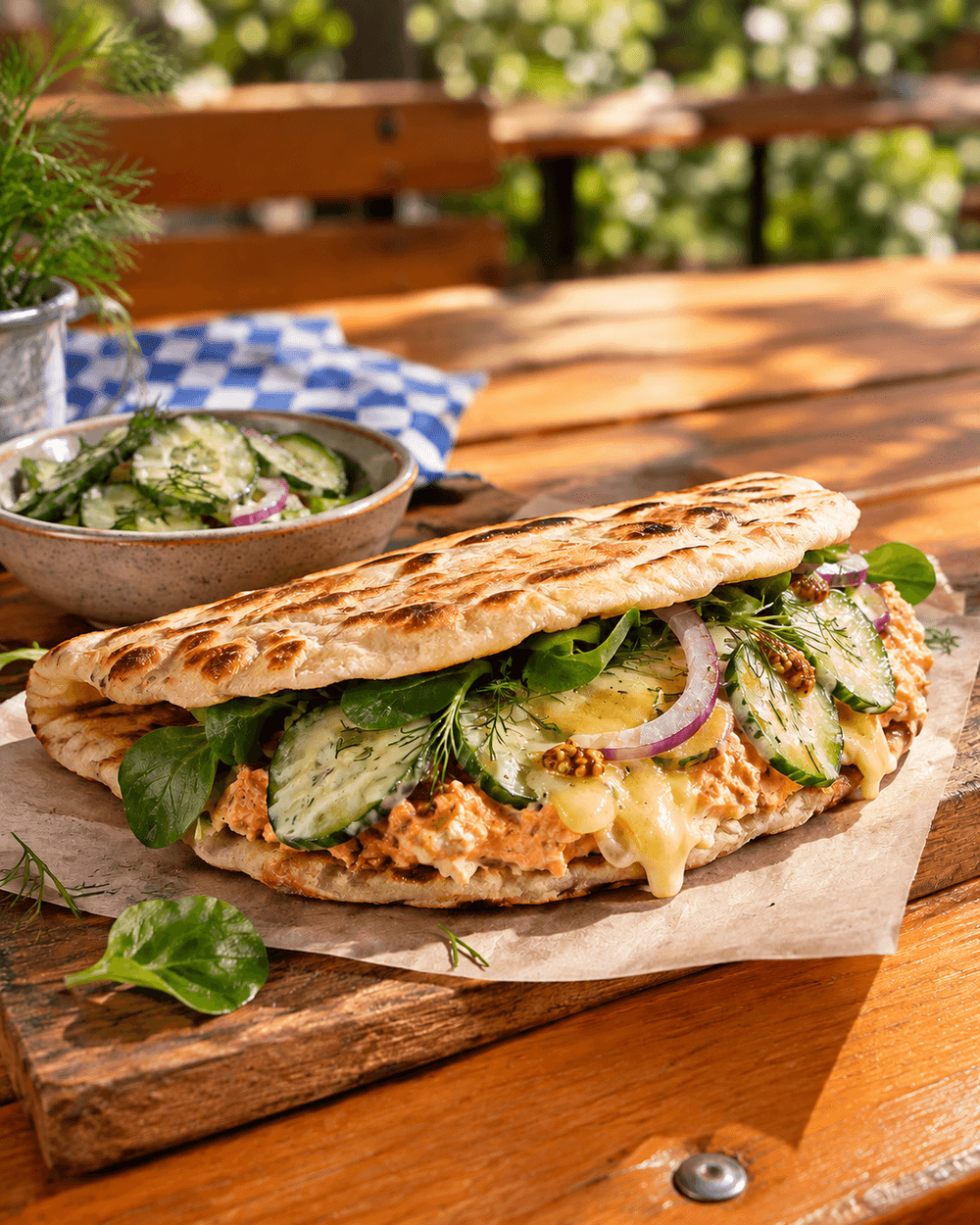 Bayerische Piadina mit Obazda, Bierkäse und Gurkensalat