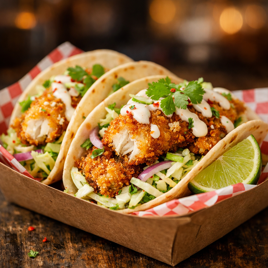 Crispy Fish Tacos mit Limetten‑Kohl