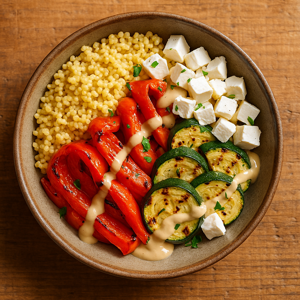 Goldene Hirse-Bowl mit mediterranem Ofengemüse & Zitronen-Tahini-Dressing
