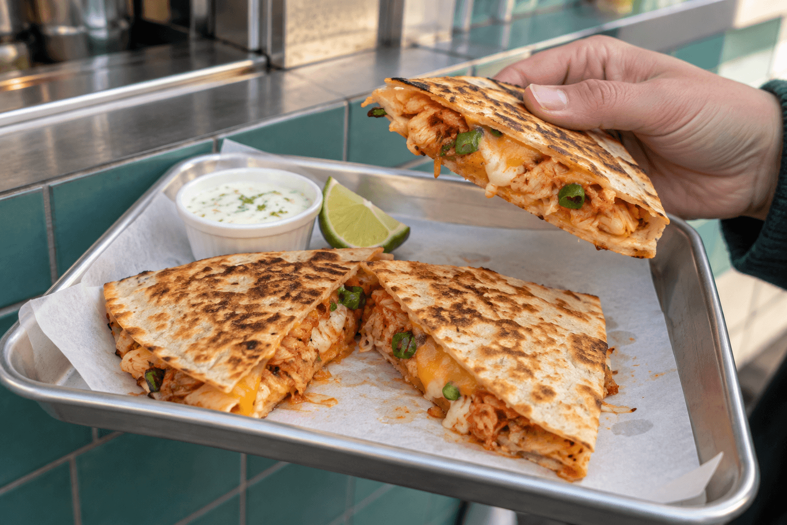 Kimchi-Käse-Quesadilla mit Limetten-Dip