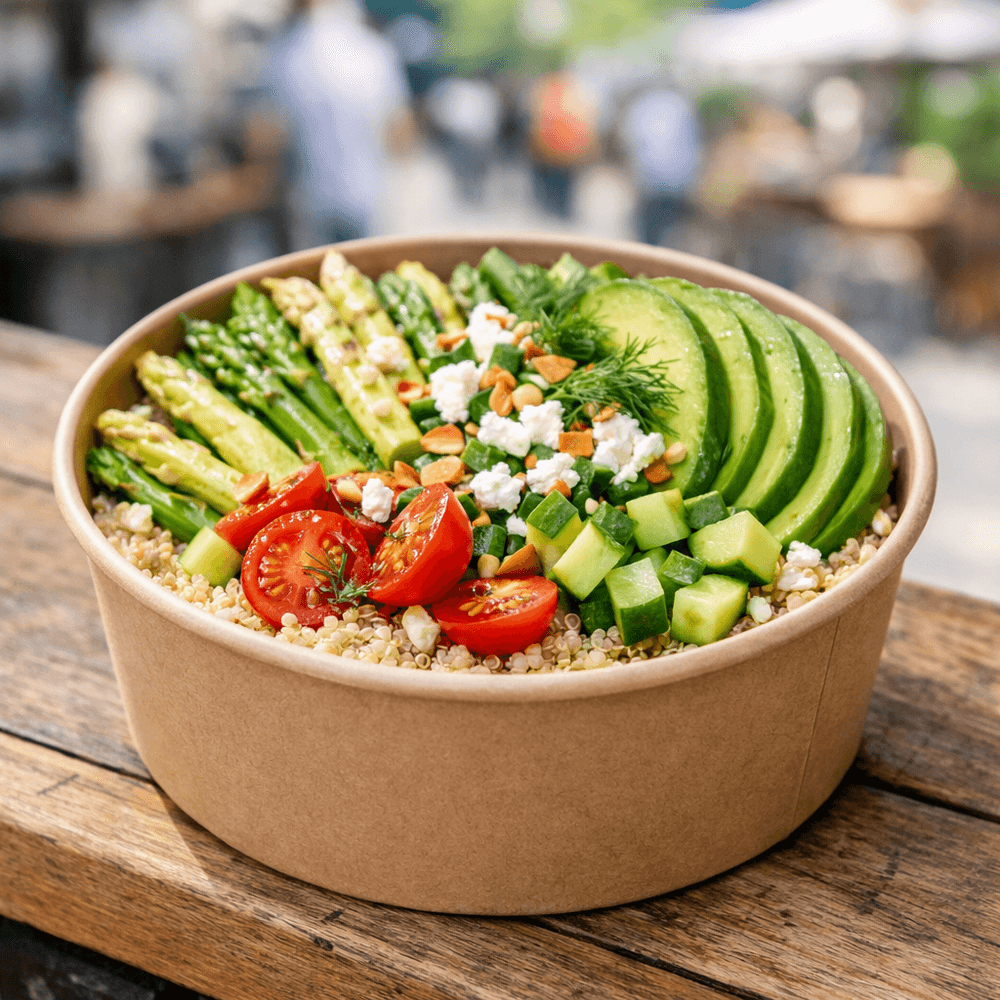 Moderne Spargel-Quinoa-Bowl mit Zitronen-Dressing