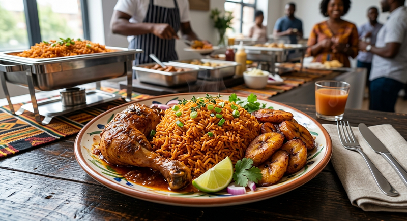 Nigerianischer Jollof-Reis mit Frittierten Kochbananen & Geschmortem Chicken