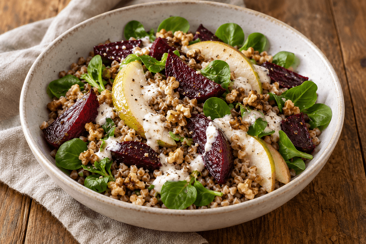 Rote-Bete-Bowl mit Buchweizen, Birne & Meerrettich-Dressing