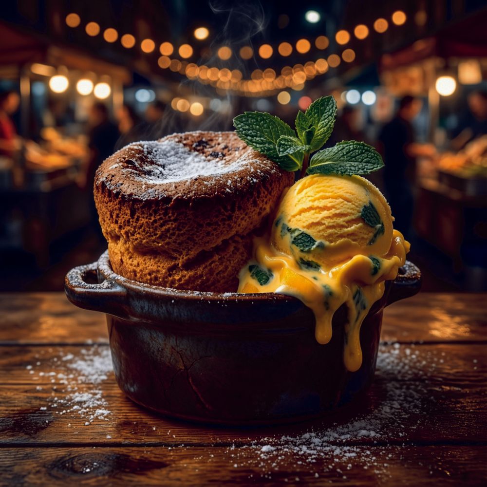 Warmes Schokoladensoufflé mit Mango-Minz-Eis