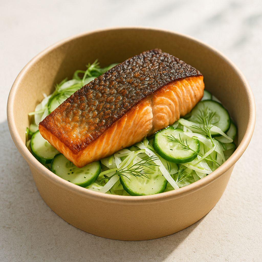 Auf der Haut gebratener Lachs an Gurken-Fenchel-Salat mit Dill-Vinaigrette