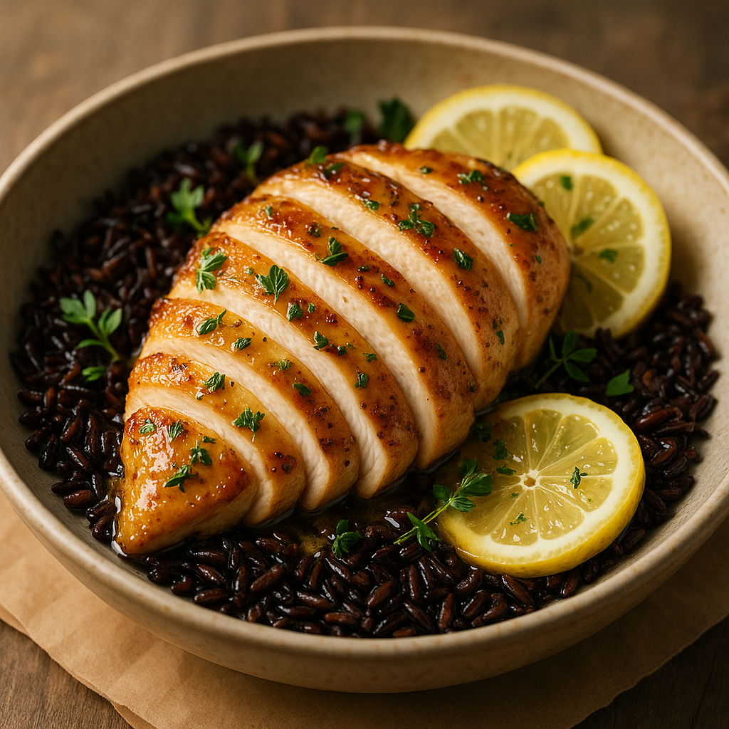 Saftiges Zitronen-Kräuter-Hähnchen auf aromatischem Wildreis-Pilaw